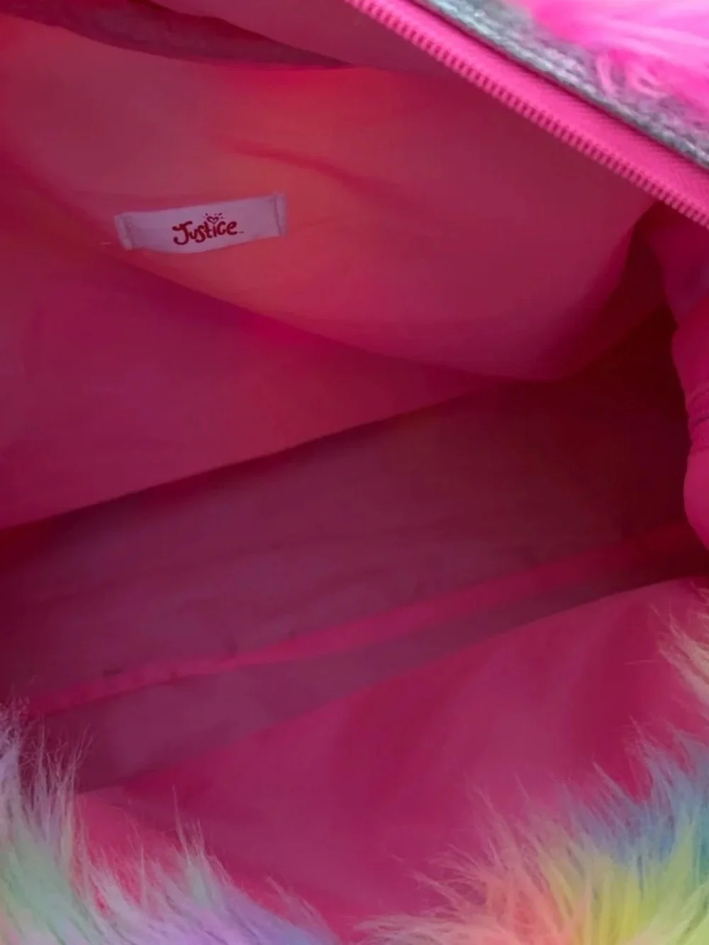 Justice Rainbow Faux Fur Rolling  Tote Weekender Bag Kids Tween Glitter Handle